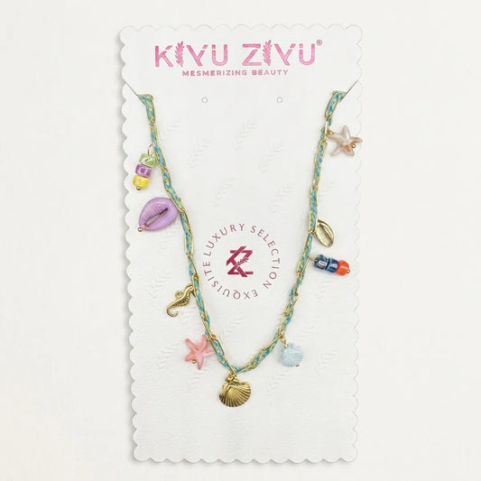 Gold Alloy Beach Multi Charm Braided Cord Necklace