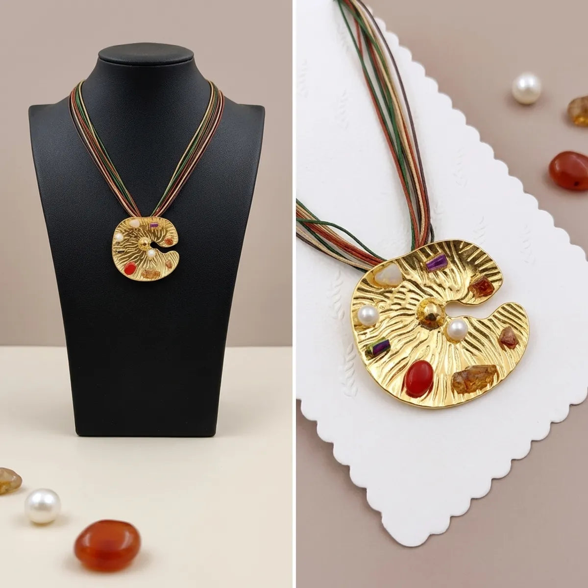 Multicolor Alloy Tribal Disc Pendant Cord Necklace