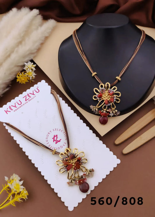 Gold Alloy Floral Crystal Pendant Necklace