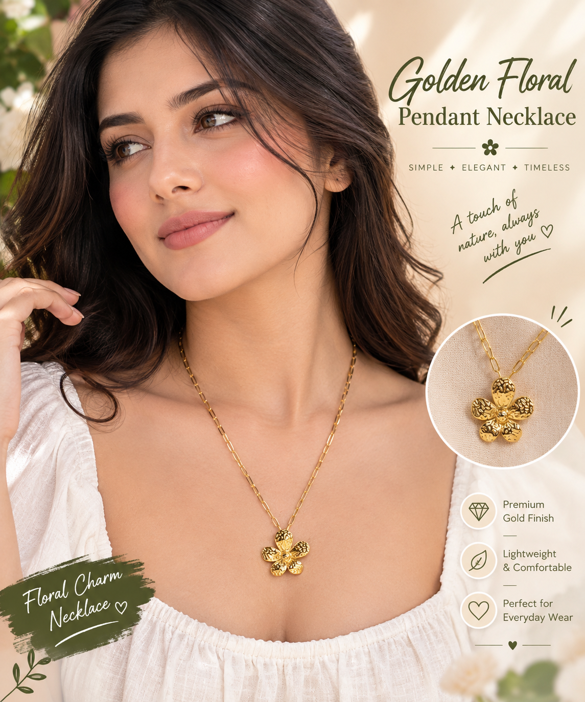 Golden Floral Pendant Necklace