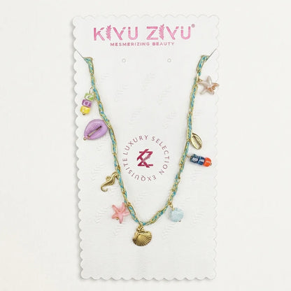 Gold Alloy Beach Multi Charm Braided Cord Necklace