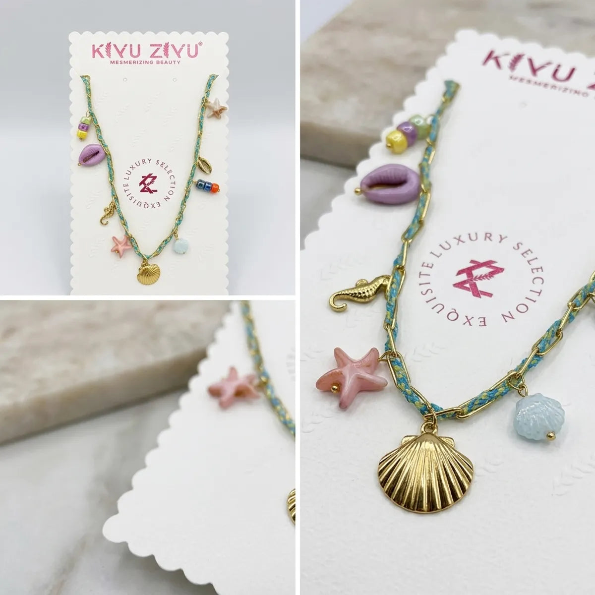 Gold Alloy Beach Multi Charm Braided Cord Necklace