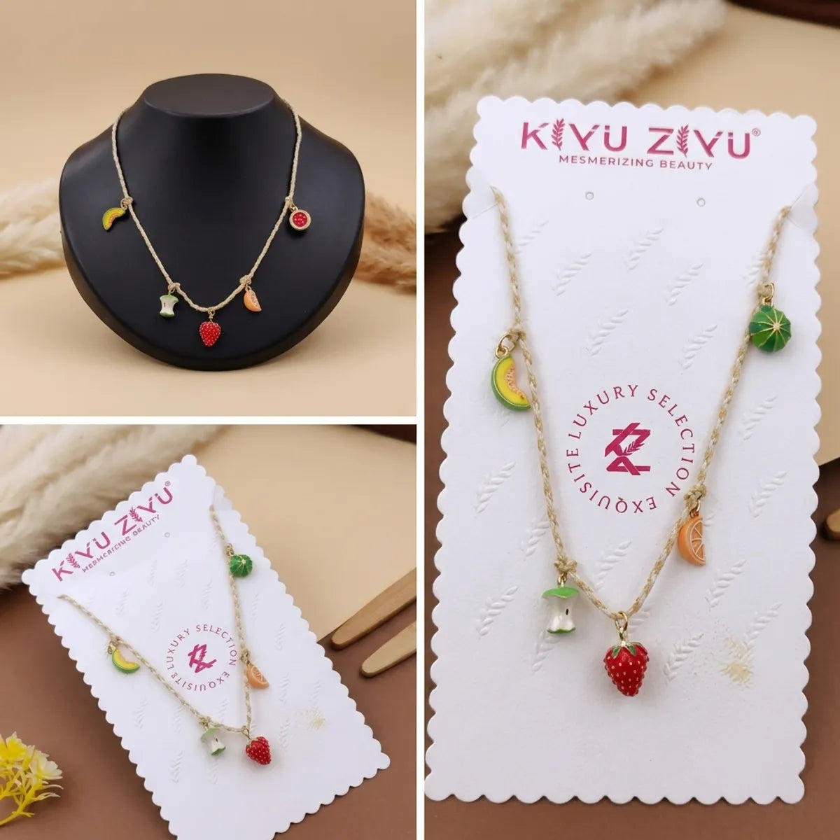 Gold Alloy Fruit Charm Enamel Pendant Necklace