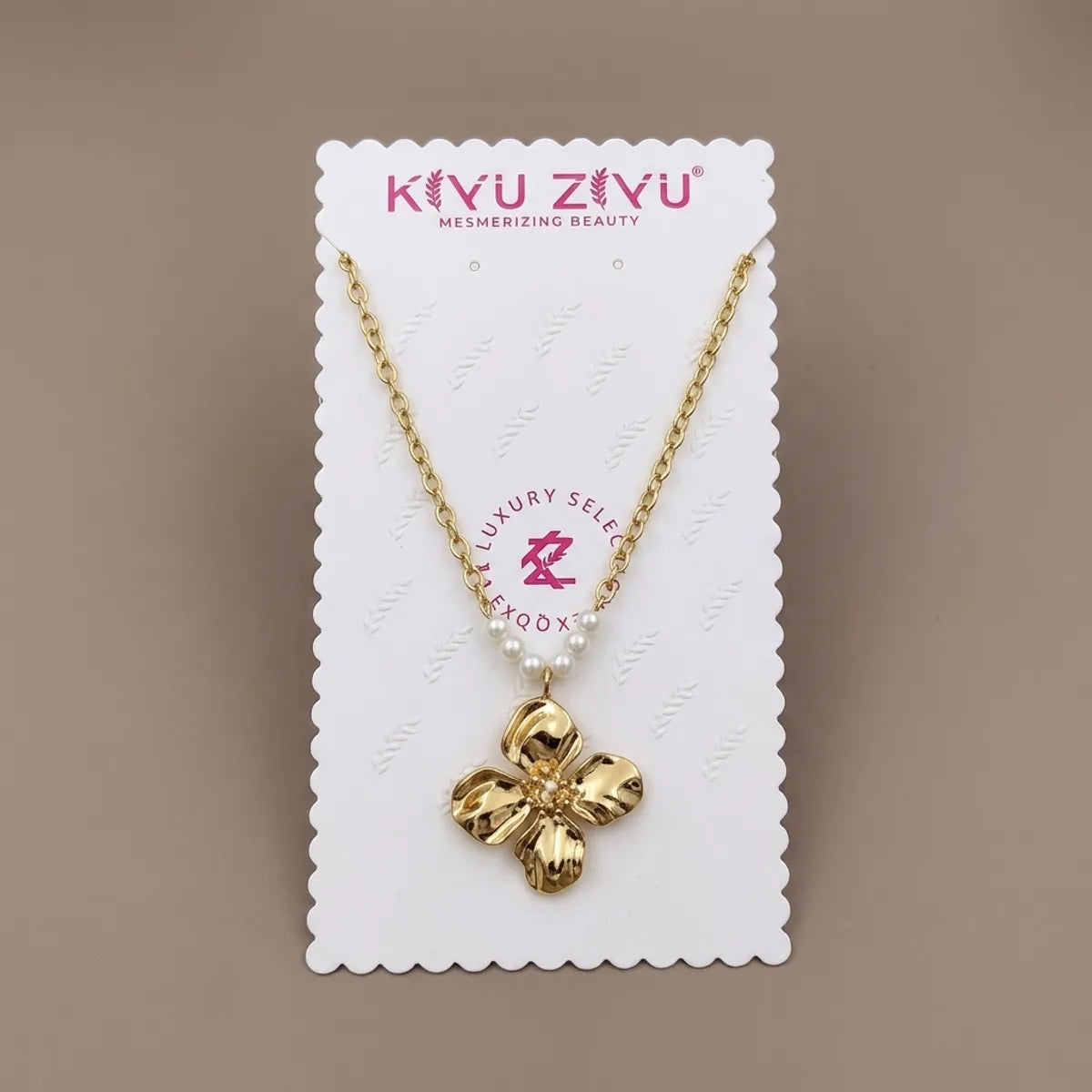 Gold Tone Alloy Four Petal Flower Pearl Pendant Necklace