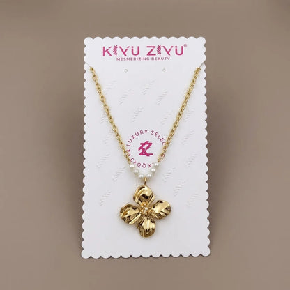 Gold Tone Alloy Four Petal Flower Pearl Pendant Necklace
