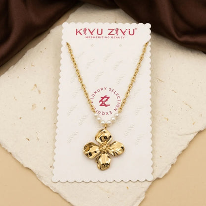 Gold Tone Alloy Four Petal Flower Pearl Pendant Necklace