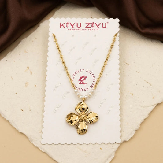 Gold Tone Alloy Four Petal Flower Pearl Pendant Necklace