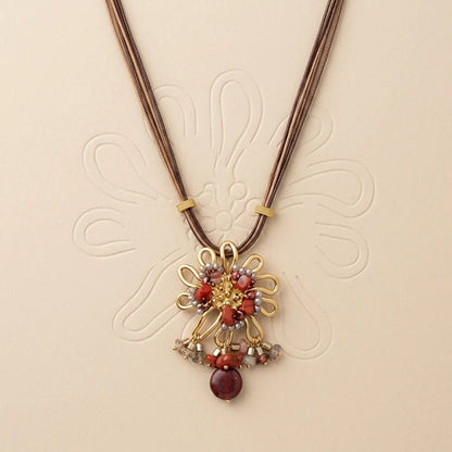 Gold Alloy Floral Crystal Pendant Necklace