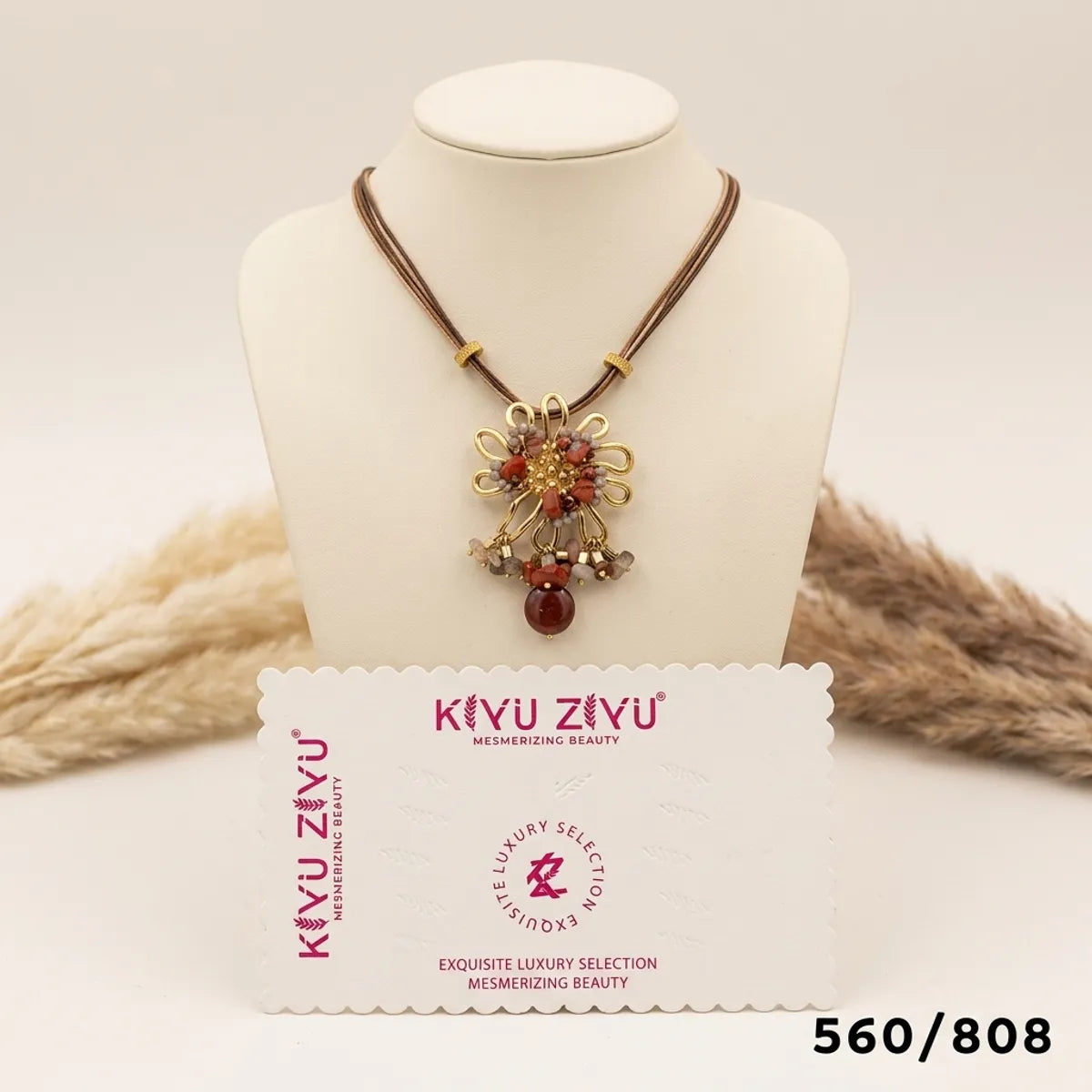 Gold Alloy Floral Crystal Pendant Necklace