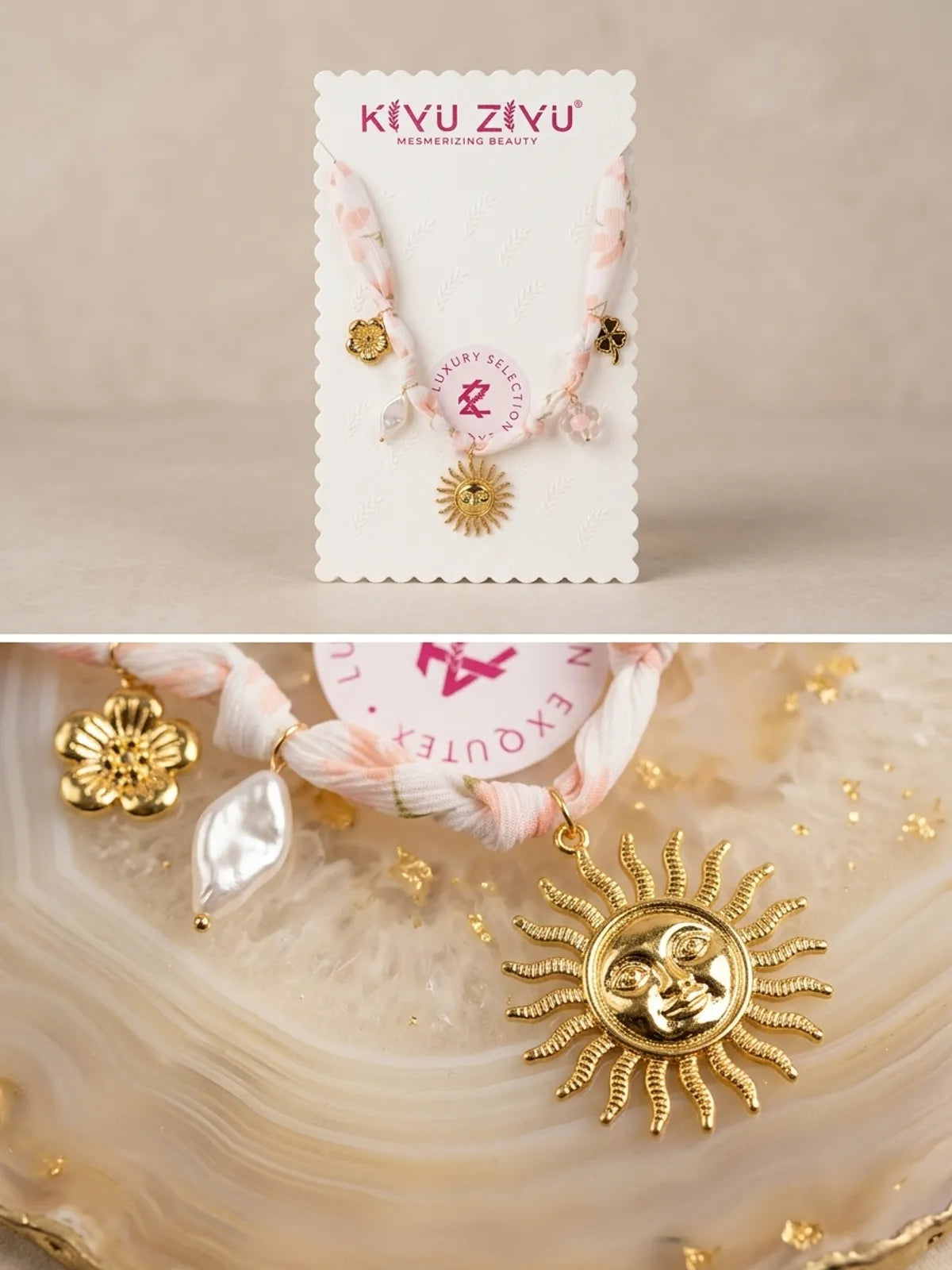 Gold Alloy Floral Fabric Sun Charm Necklace