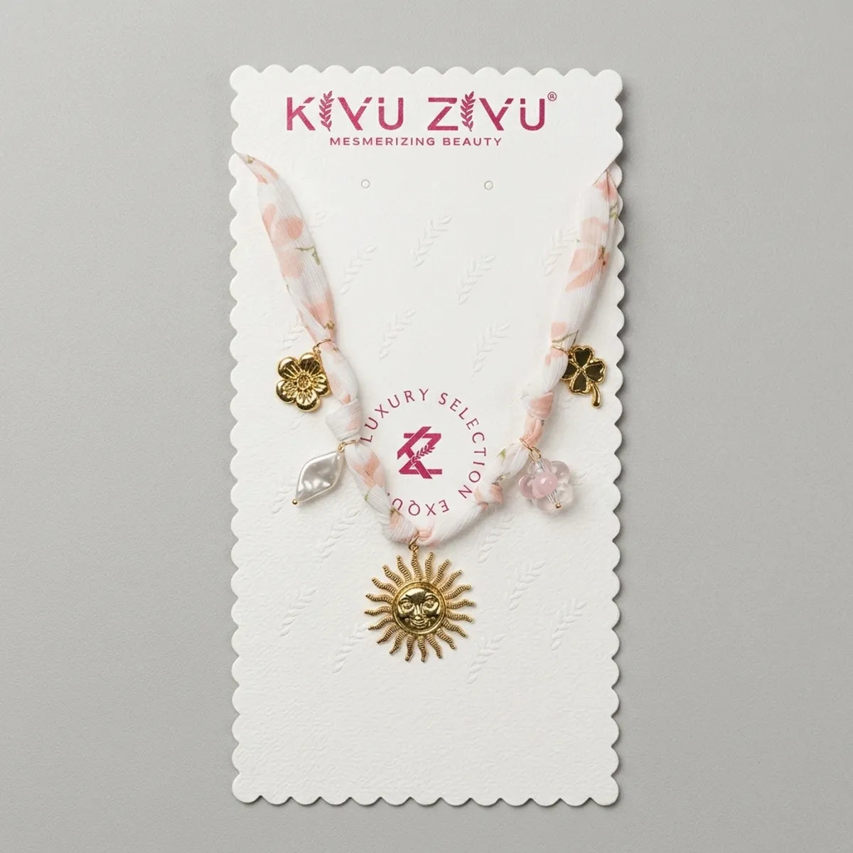 Gold Alloy Floral Fabric Sun Charm Necklace