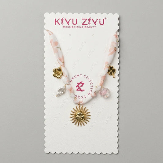 Gold Alloy Floral Fabric Sun Charm Necklace